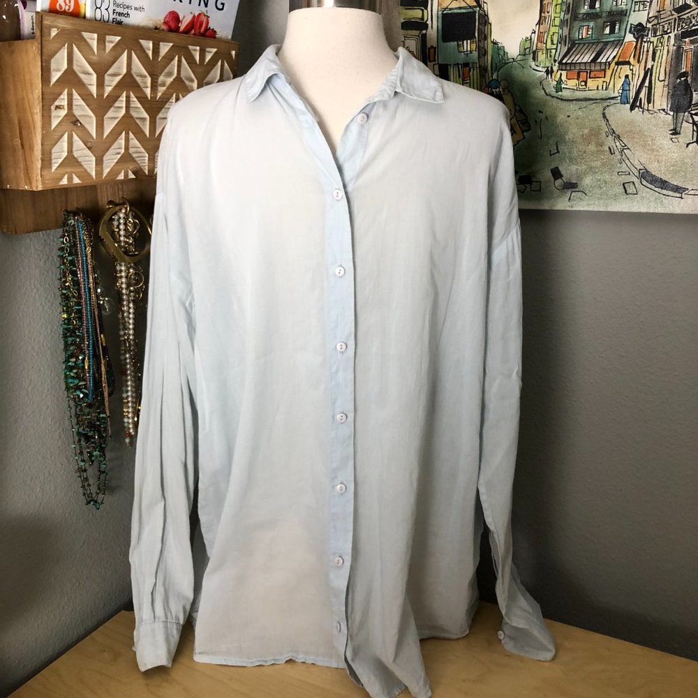 SELECTED Femme Jeans Button Front Blouse Women’s size L Blue Lightweight Sheer